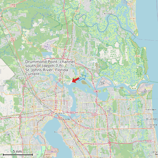 Map of Drummond Point, channel south of (depth 7 ft), St. Johns River, Florida Current Prediction Station