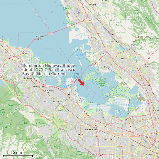 Map of Dumbarton Highway Bridge (depth 17 ft), San Francisco Bay, California Current Prediction Station