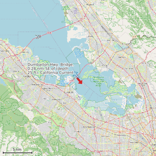 Map of Dumbarton Hwy. Bridge, 0.28 nmi SE of (depth 25 ft), California Current Prediction Station