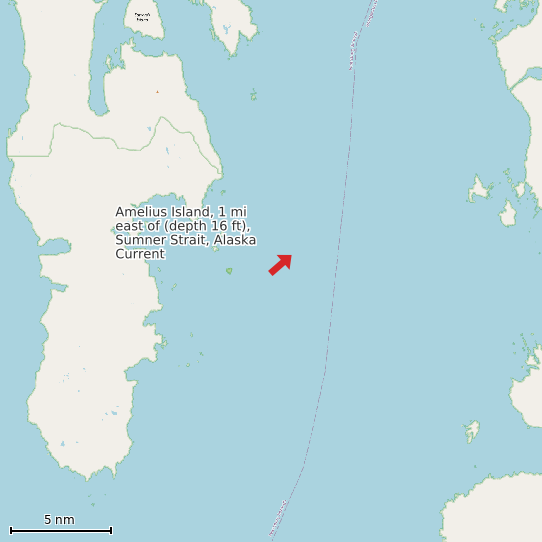Map of Amelius Island, 1 mi east of (depth 16 ft), Sumner Strait, Alaska Current Prediction Station