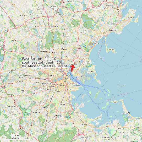 Map of East Boston, Pier 10, southeast of (depth 10 ft), Massachusetts Current Prediction Station