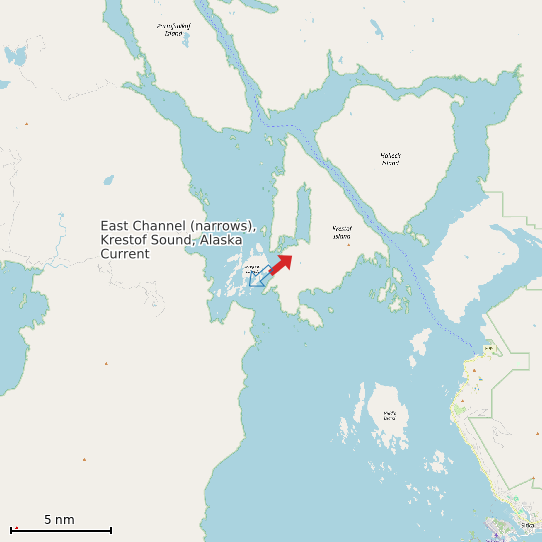Map of East Channel (narrows), Krestof Sound, Alaska Current Prediction Station