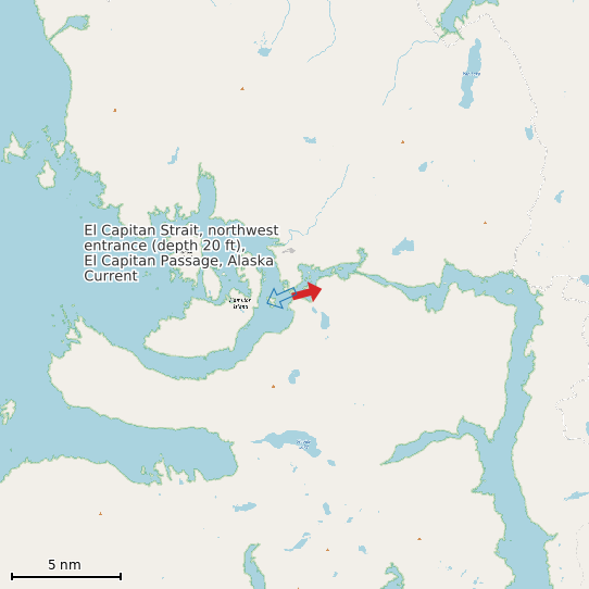 Map of El Capitan Strait, northwest entrance (depth 20 ft), El Capitan Passage, Alaska Current Prediction Station