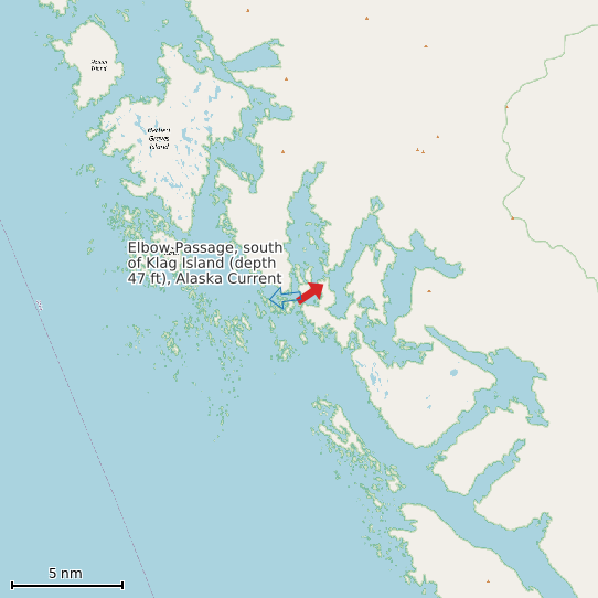 Map of Elbow Passage, south of Klag Island (depth 47 ft), Alaska Current Prediction Station