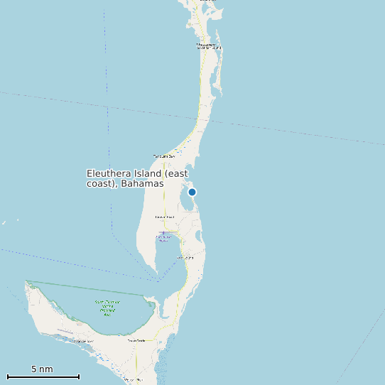 Map of Eleuthera Island (east coast), Bahamas Tide Prediction Station