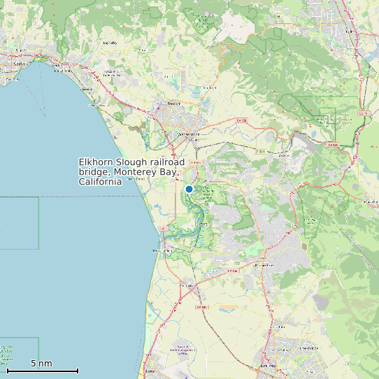 Map of Elkhorn Slough railroad bridge, Monterey Bay, California Tide Prediction Station