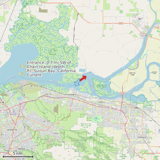Map of Entrance, 0.7 mi SW of Chain Island (depth 7 ft), Suisun Bay, California Current Prediction Station