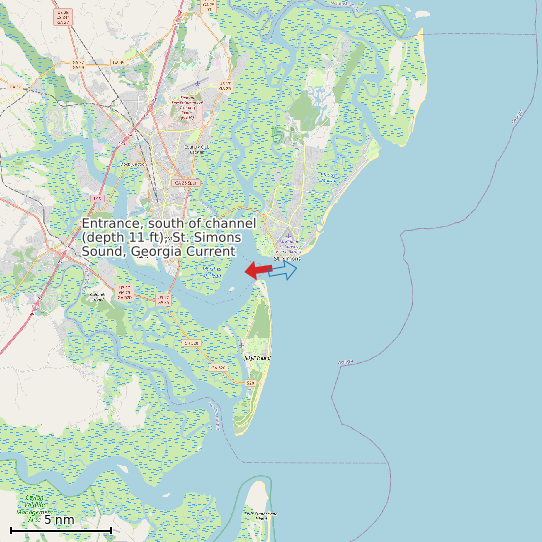 Map of Entrance, south of channel (depth 11 ft), St. Simons Sound, Georgia Current Prediction Station