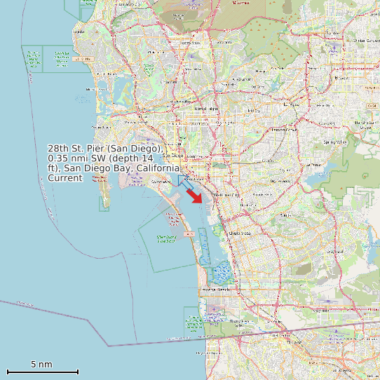 Map of 28th St. Pier (San Diego), 0.35 nmi SW (depth 14 ft), San Diego Bay, California Current Prediction Station