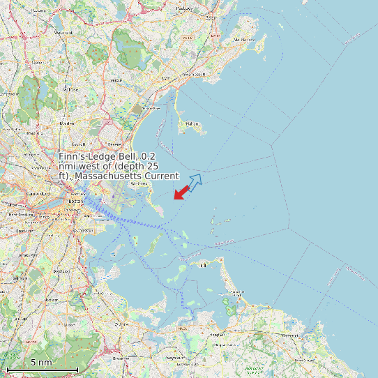 Map of Finn's Ledge Bell, 0.2 nmi west of (depth 25 ft), Massachusetts Current Prediction Station