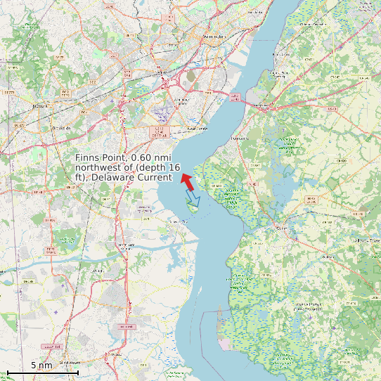 Map of Finns Point, 0.60 nmi northwest of (depth 16 ft), Delaware Current Prediction Station