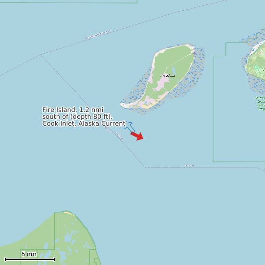 Map of Fire Island, 1.2 nmi south of (depth 80 ft), Cook Inlet, Alaska Current Prediction Station