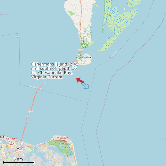 Map of Fishermans Island, 2.45 nmi south of (depth 16 ft), Chesapeake Bay, Virginia Current Prediction Station
