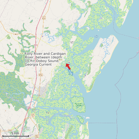 Map of Folly River and Cardigan River, between (depth 10 ft), Doboy Sound, Georgia Current Prediction Station