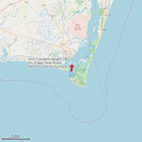 Map of Fort Caswell (depth 18 ft), Cape Fear River, North Carolina Current Prediction Station