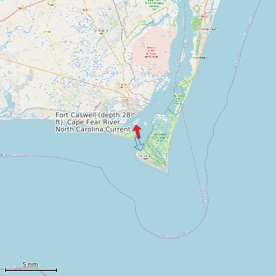 Map of Fort Caswell (depth 28 ft), Cape Fear River, North Carolina Current Prediction Station