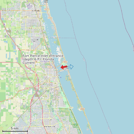 Map of Fort Pierce Inlet entrance (depth 6 ft), Florida Current Prediction Station