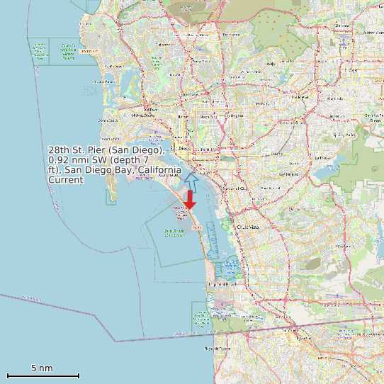 Map of 28th St. Pier (San Diego), 0.92 nmi SW (depth 7 ft), San Diego Bay, California Current Prediction Station