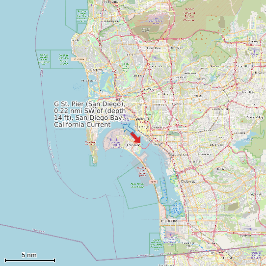 Map of G St. Pier (San Diego), 0.22 nmi SW of (depth 14 ft), San Diego Bay, California Current Prediction Station