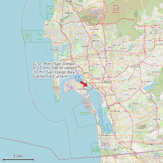 Map of G St. Pier (San Diego), 0.22 nmi SW of (depth 37 ft), San Diego Bay, California Current Prediction Station