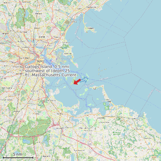 Map of Gallops Island, 0.5 nmi southwest of (depth 25 ft), Massachusetts Current Prediction Station