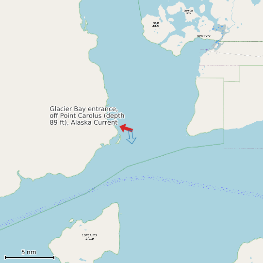 Map of Glacier Bay entrance, off Point Carolus (depth 89 ft), Alaska Current Prediction Station