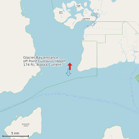 Map of Glacier Bay entrance, off Point Gustavus (depth 174 ft), Alaska Current Prediction Station