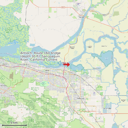 Map of Antioch, Route 160 bridge (depth 30 ft), San Joaquin River, California Current Prediction Station