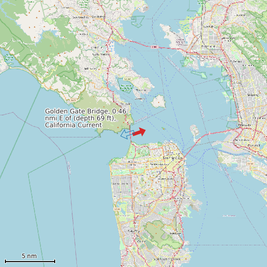 Map of Golden Gate Bridge, 0.46 nmi E of (depth 69 ft), California Current Prediction Station