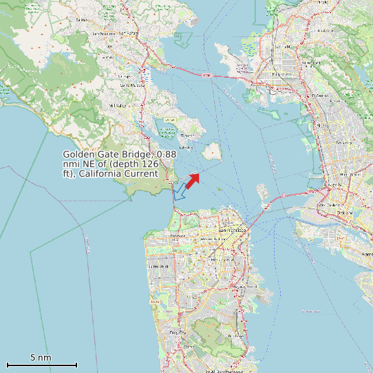 Map of Golden Gate Bridge, 0.88 nmi NE of (depth 126 ft), California Current Prediction Station
