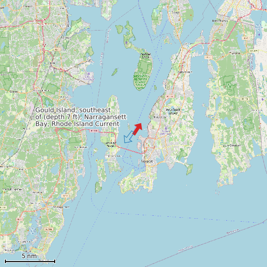 Map of Gould Island, southeast of (depth 7 ft), Narragansett Bay, Rhode Island Current Prediction Station