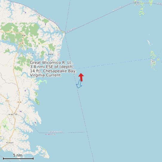 Map of Great Wicomico R. Lt., 3.8 nmi ESE of (depth 14 ft), Chesapeake Bay, Virginia Current Prediction Station