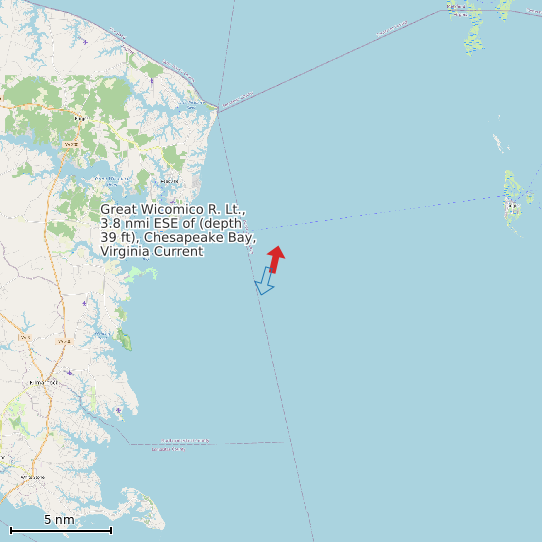 Map of Great Wicomico R. Lt., 3.8 nmi ESE of (depth 39 ft), Chesapeake Bay, Virginia Current Prediction Station