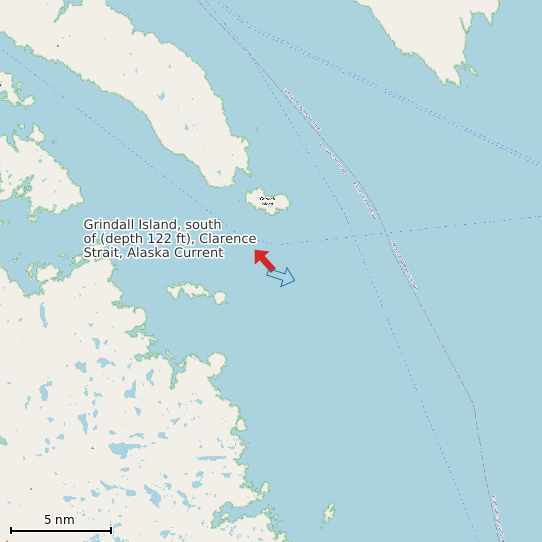 Map of Grindall Island, south of (depth 122 ft), Clarence Strait, Alaska Current Prediction Station