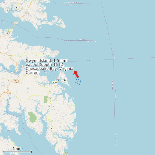 Map of Gwynn Island, 1.5 nmi east of (depth 16 ft), Chesapeake Bay, Virginia Current Prediction Station