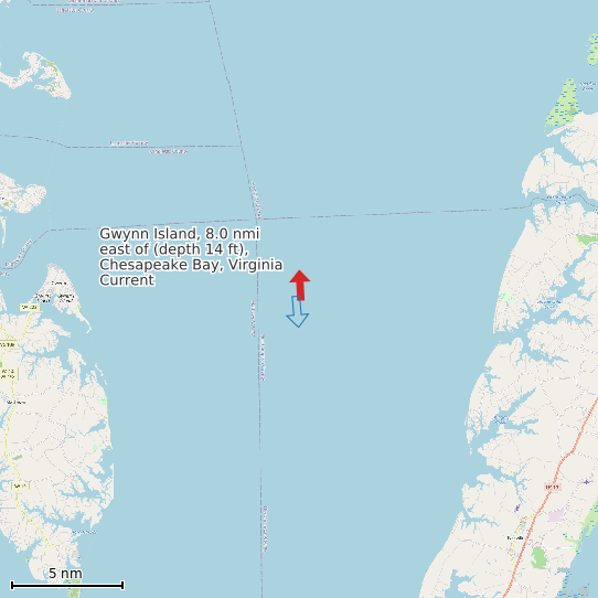 Map of Gwynn Island, 8.0 nmi east of (depth 14 ft), Chesapeake Bay, Virginia Current Prediction Station
