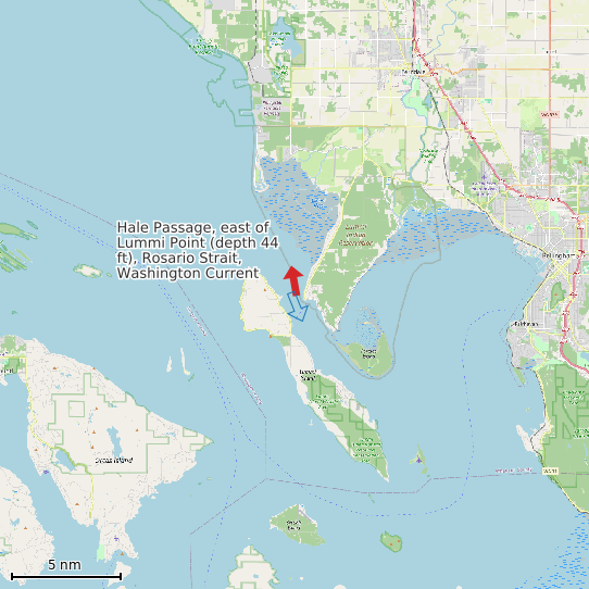 Map of Hale Passage, east of Lummi Point (depth 44 ft), Rosario Strait, Washington Current Prediction Station