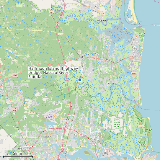 Map of Halfmoon Island, highway bridge, Nassau River, Florida Tide Prediction Station