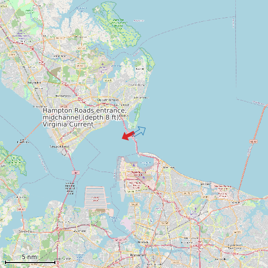 Map of Hampton Roads entrance, midchannel (depth 8 ft), Virginia Current Prediction Station