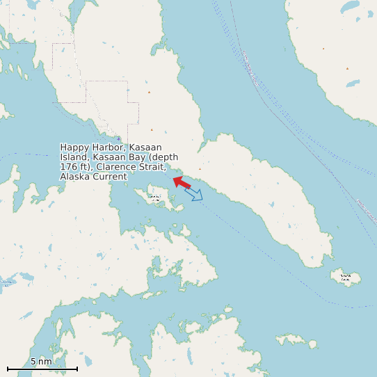 Map of Happy Harbor, Kasaan Island, Kasaan Bay (depth 176 ft), Clarence Strait, Alaska Current Prediction Station