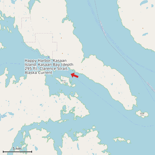 Map of Happy Harbor, Kasaan Island, Kasaan Bay (depth 295 ft), Clarence Strait, Alaska Current Prediction Station