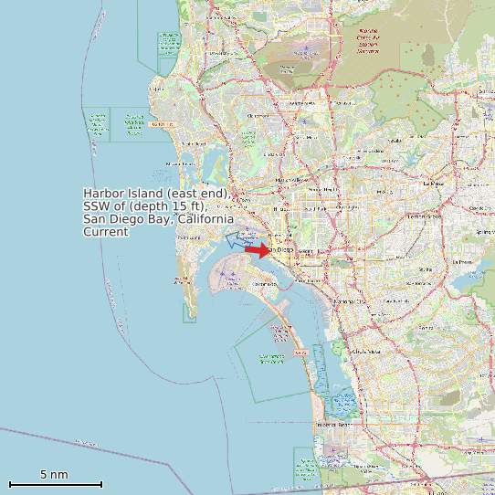Map of Harbor Island (east end), SSW of (depth 15 ft), San Diego Bay, California Current Prediction Station