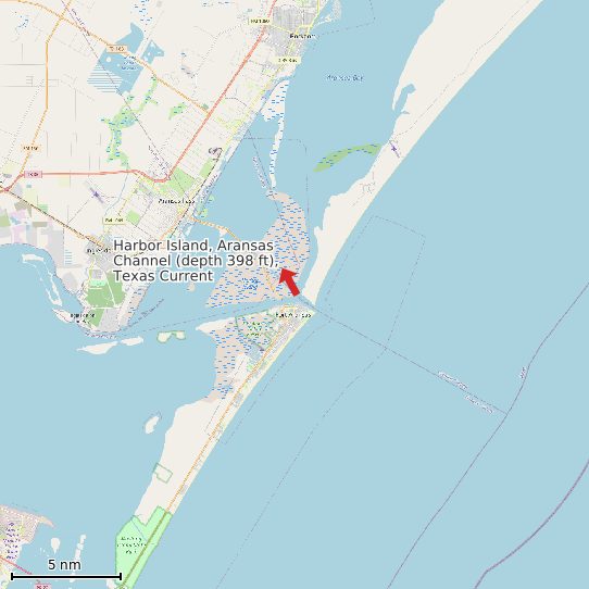 Map of Harbor Island, Aransas Channel (depth 398 ft), Texas Current Prediction Station
