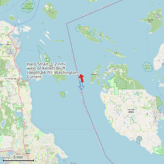 Map of Haro Strait, 1.2 nmi west of Kellett Bluff (depth 66 ft), Washington Current Prediction Station