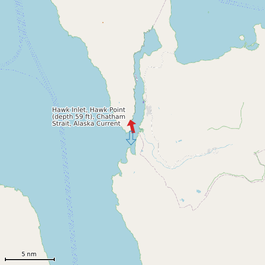 Map of Hawk Inlet, Hawk Point (depth 59 ft), Chatham Strait, Alaska Current Prediction Station