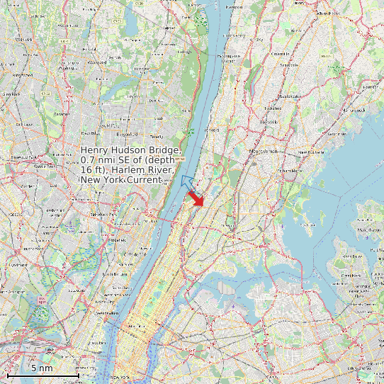Map of Henry Hudson Bridge, 0.7 nmi SE of (depth 16 ft), Harlem River, New York Current Prediction Station