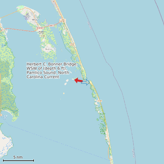 Map of Herbert C. Bonner Bridge, WSW of (depth 6 ft), Pamlico Sound, North Carolina Current Prediction Station