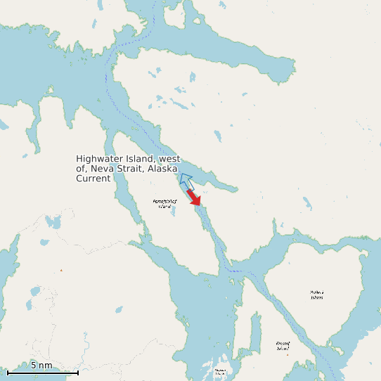 Map of Highwater Island, west of, Neva Strait, Alaska Current Prediction Station