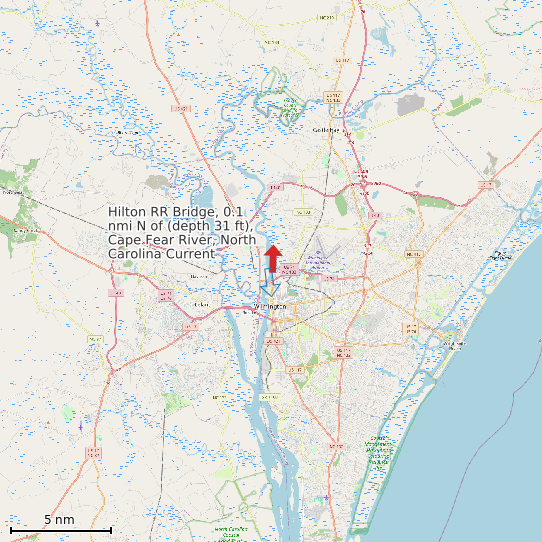 Map of Hilton RR Bridge, 0.1 nmi N of (depth 31 ft), Cape Fear River, North Carolina Current Prediction Station