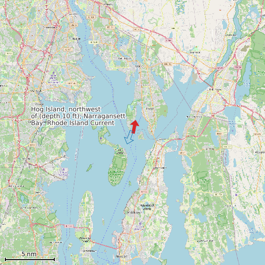 Map of Hog Island, northwest of (depth 10 ft), Narragansett Bay, Rhode Island Current Prediction Station